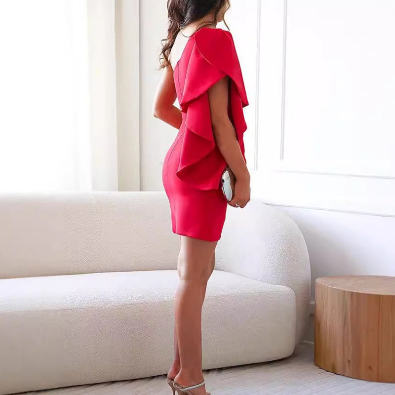 One shoulder ruffle cocktail dress with draped wrap mini skirt - view 2