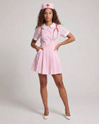 Women's pink nurse Halloween costume dress with white Peter Pan collar and pleated mini skirt