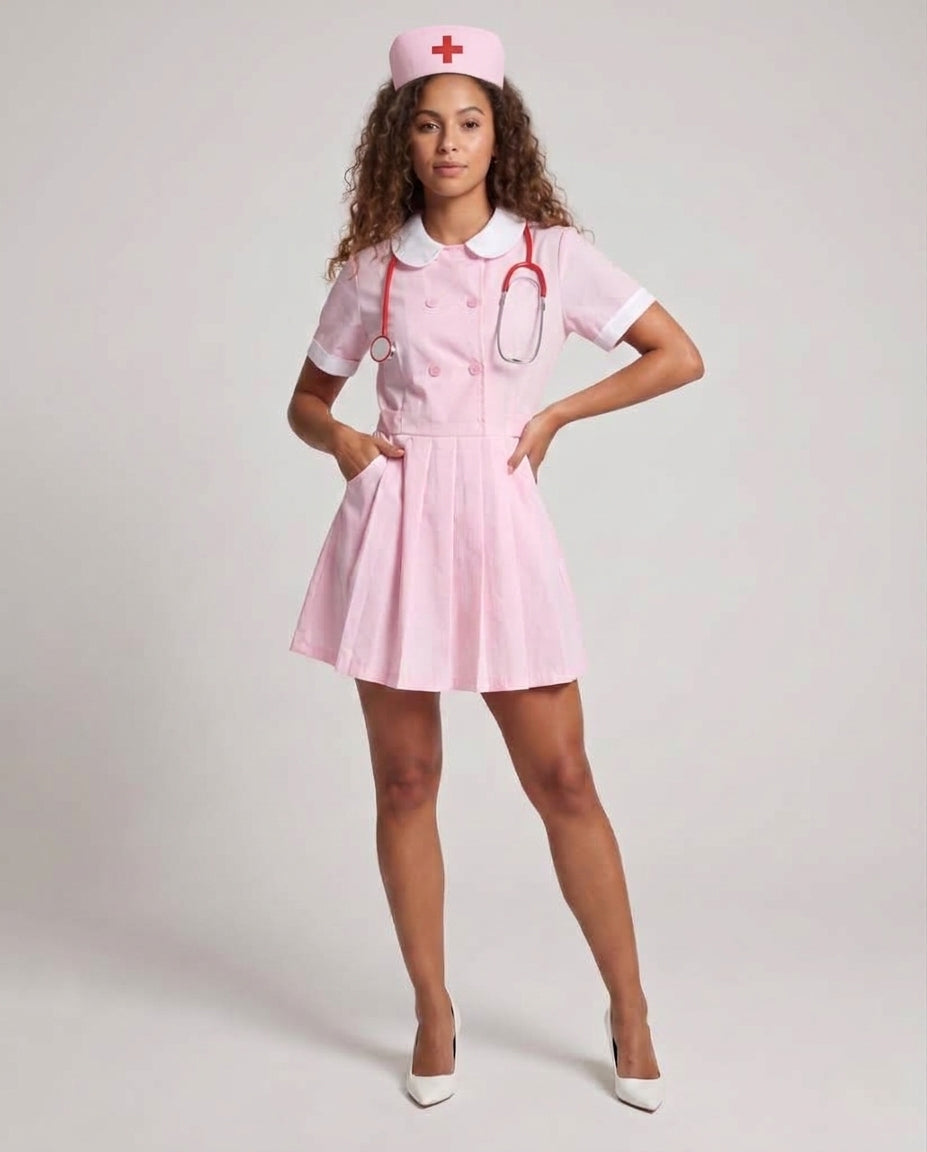 Women's pink nurse Halloween costume dress with white Peter Pan collar and pleated mini skirt