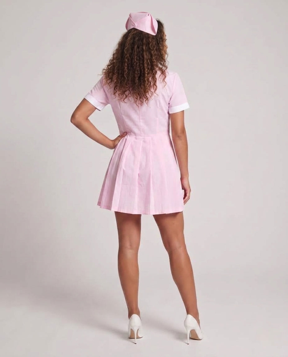 Women's pink nurse Halloween costume dress with white Peter Pan collar and pleated mini skirt - view 3