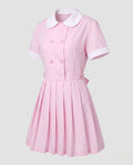 Women's pink nurse Halloween costume dress with white Peter Pan collar and pleated mini skirt - view 4