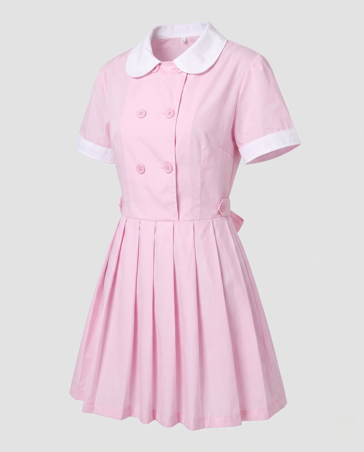 Women's pink nurse Halloween costume dress with white Peter Pan collar and pleated mini skirt - view 4