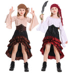 Girls pirate costume with bell-sleeve top, lace-up corset belt and ruffled high-low skirt
