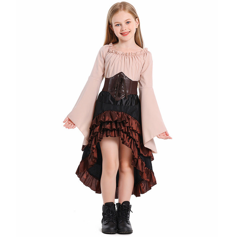 Girls pirate costume with bell-sleeve top, lace-up corset belt and ruffled high-low skirt - view 2