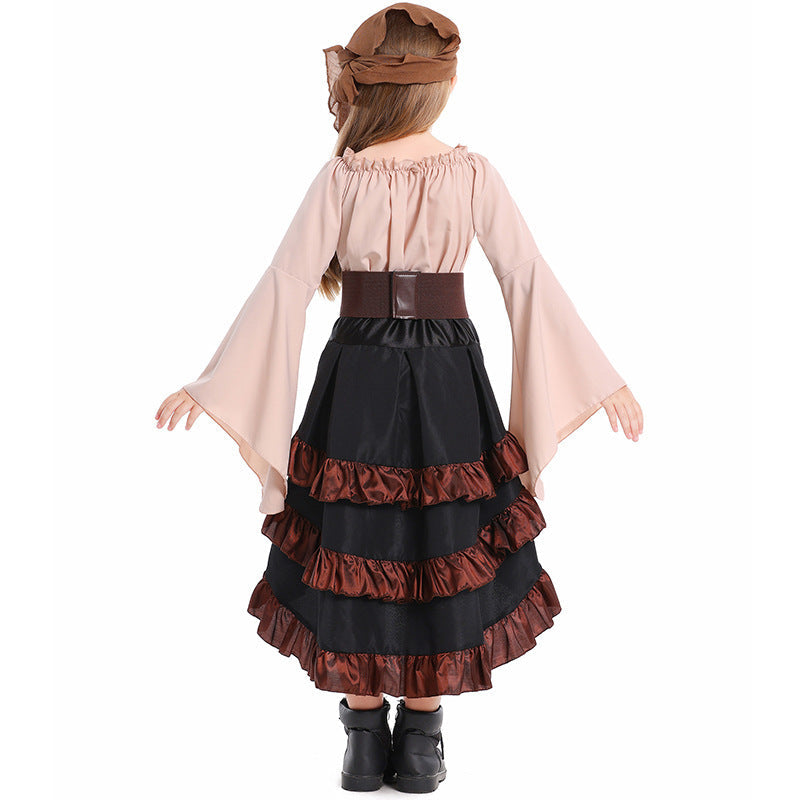 Girls pirate costume with bell-sleeve top, lace-up corset belt and ruffled high-low skirt - view 4
