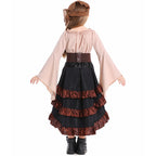Girls pirate costume with bell-sleeve top, lace-up corset belt and ruffled high-low skirt - view 4