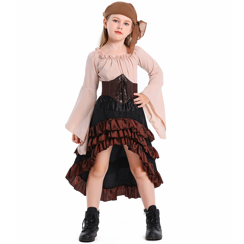 Girls pirate costume with bell-sleeve top, lace-up corset belt and ruffled high-low skirt - view 5