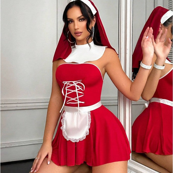 Women's nun Halloween costume mini dress with strapless lace-up bodice and lace-trim apron - view 3