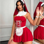 Women's nun Halloween costume mini dress with strapless lace-up bodice and lace-trim apron - view 3