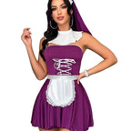 Women's nun Halloween costume mini dress with strapless lace-up bodice and lace-trim apron - view 5