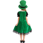 Girl wearing green velvet-look leprechaun costume dress with lace-up front, puff sleeves, fringe hem and green top hat - view 4