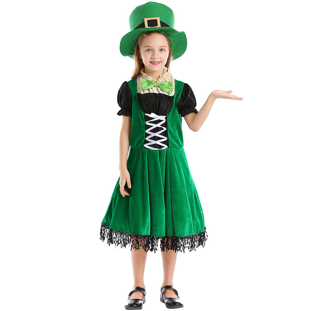 Girl wearing green velvet-look leprechaun costume dress with lace-up front, puff sleeves, fringe hem and green top hat - view 5