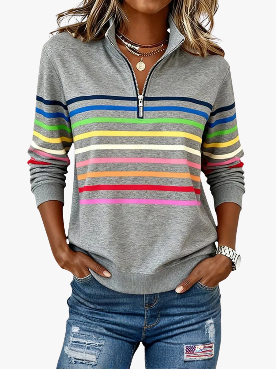 Rainbow striped quarter zip sweater with mock neck and long sleeves, women's relaxed pullover worn with jeans