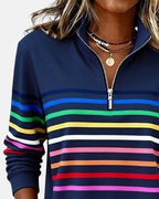 Rainbow striped quarter zip sweater with mock neck and long sleeves, women's relaxed pullover worn with jeans - view 10
