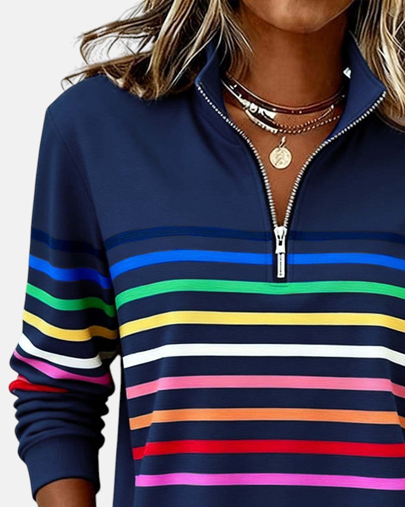 Rainbow striped quarter zip sweater with mock neck and long sleeves, women's relaxed pullover worn with jeans - view 10