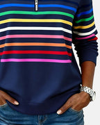 Rainbow striped quarter zip sweater with mock neck and long sleeves, women's relaxed pullover worn with jeans - view 11