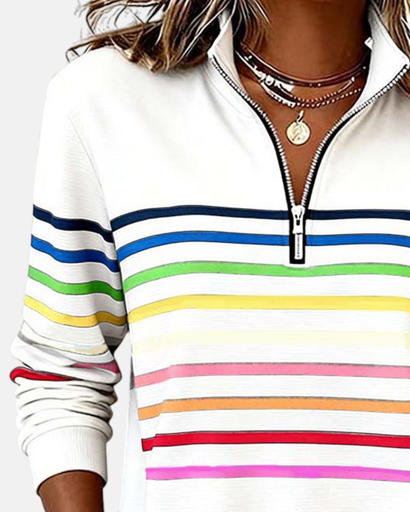 Rainbow striped quarter zip sweater with mock neck and long sleeves, women's relaxed pullover worn with jeans - view 12