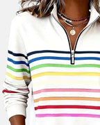 Rainbow striped quarter zip sweater with mock neck and long sleeves, women's relaxed pullover worn with jeans - view 12