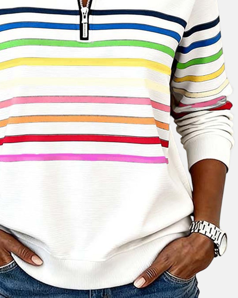 Rainbow striped quarter zip sweater with mock neck and long sleeves, women's relaxed pullover worn with jeans - view 13