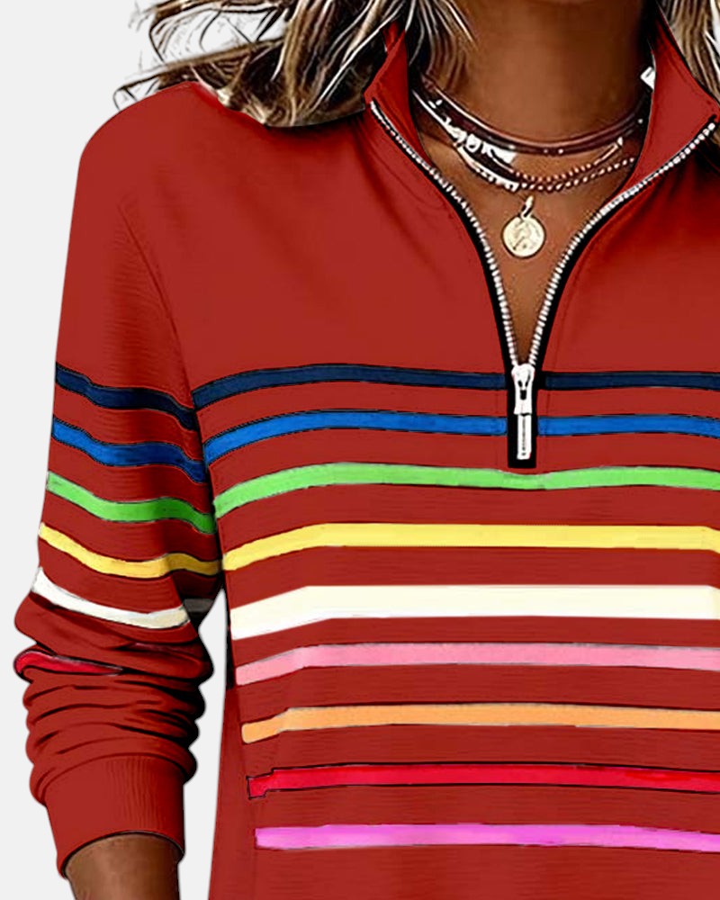 Rainbow striped quarter zip sweater with mock neck and long sleeves, women's relaxed pullover worn with jeans - view 14