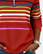Rainbow striped quarter zip sweater with mock neck and long sleeves, women's relaxed pullover worn with jeans - view 15