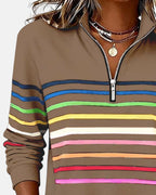 Rainbow striped quarter zip sweater with mock neck and long sleeves, women's relaxed pullover worn with jeans - view 16