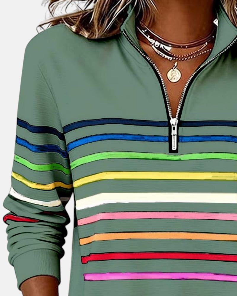 Rainbow striped quarter zip sweater with mock neck and long sleeves, women's relaxed pullover worn with jeans - view 17