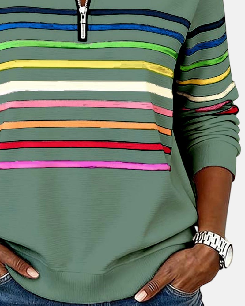 Rainbow striped quarter zip sweater with mock neck and long sleeves, women's relaxed pullover worn with jeans - view 18