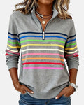 Rainbow striped quarter zip sweater with mock neck and long sleeves, women's relaxed pullover worn with jeans - view 2