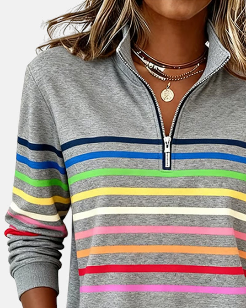 Rainbow striped quarter zip sweater with mock neck and long sleeves, women's relaxed pullover worn with jeans - view 8