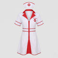 Women's white nurse costume mini dress with red lapels, red piping, front zipper and matching cap - view 4