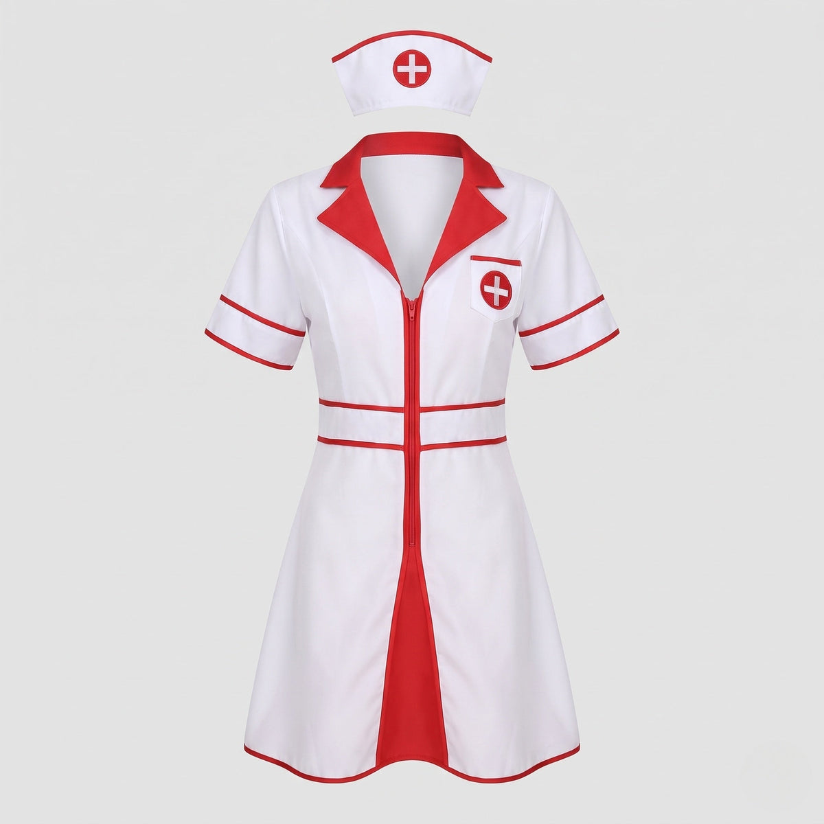 Women's white nurse costume mini dress with red lapels, red piping, front zipper and matching cap - view 4