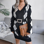 Oversized argyle V-neck sweater dress with long balloon sleeves - view 2