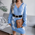 Oversized argyle V-neck sweater dress with long balloon sleeves - view 4