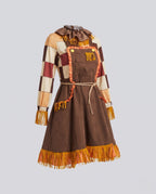 Women's scarecrow Halloween costume with pointed hat, patchwork sleeves and fringe trim - view 4