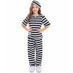 Kids black and white striped prisoner Halloween costume with top, pants and cap