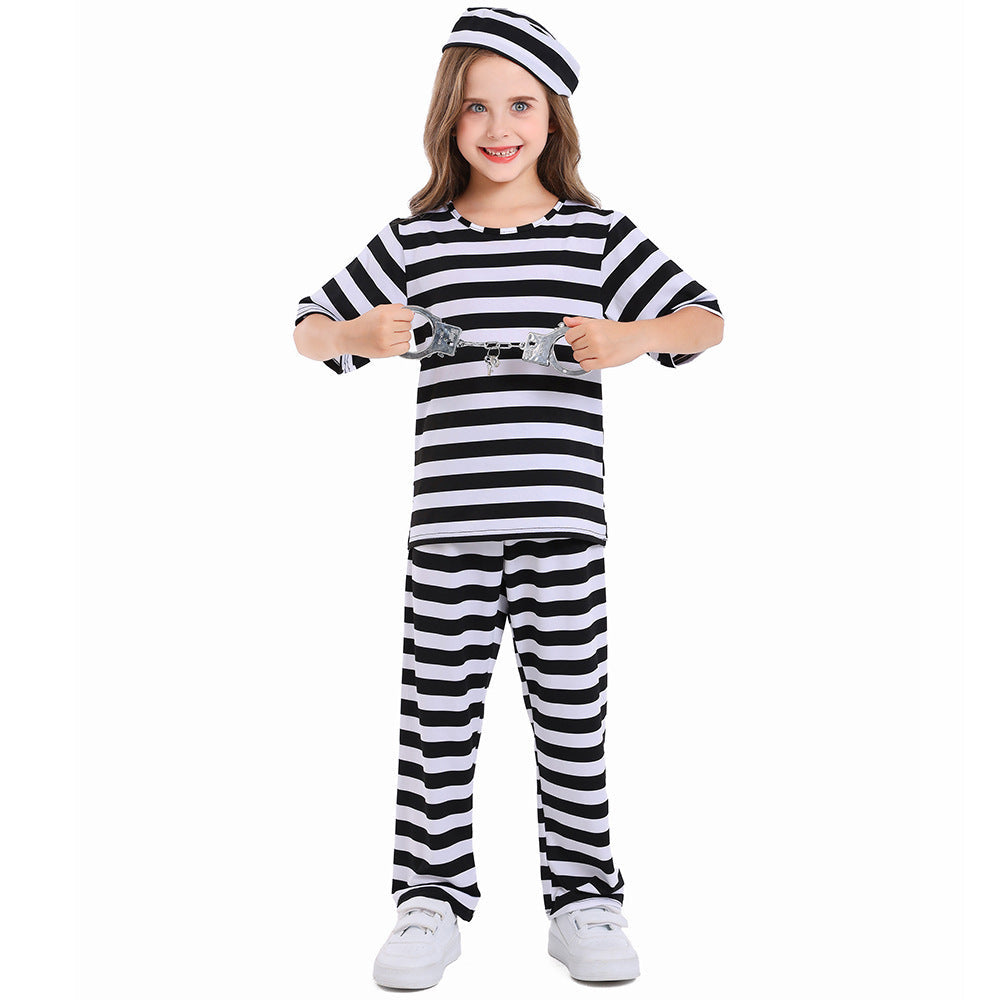 Kids black and white striped prisoner Halloween costume with top, pants and cap - view 2