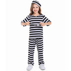 Kids black and white striped prisoner Halloween costume with top, pants and cap - view 2