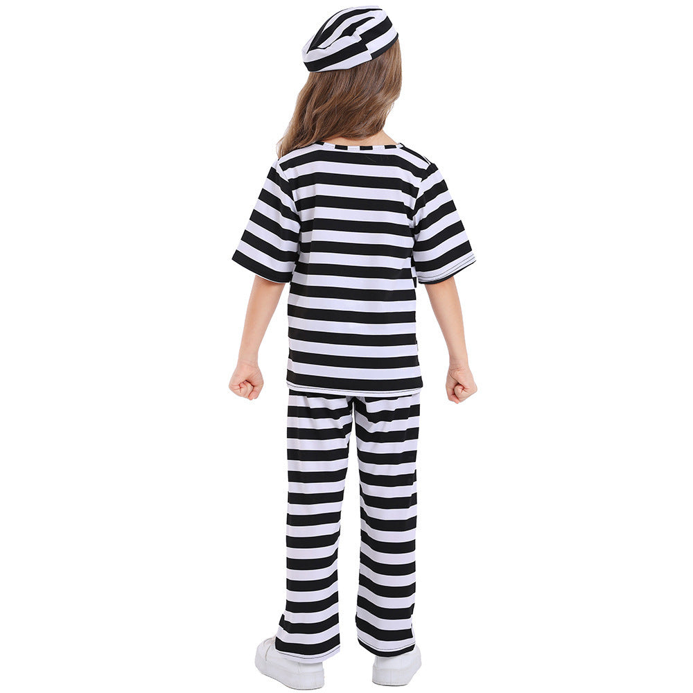 Kids black and white striped prisoner Halloween costume with top, pants and cap - view 3