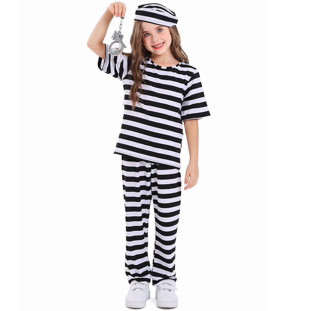 Kids black and white striped prisoner Halloween costume with top, pants and cap - view 7
