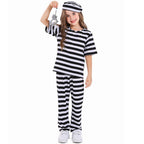 Kids black and white striped prisoner Halloween costume with top, pants and cap - view 7