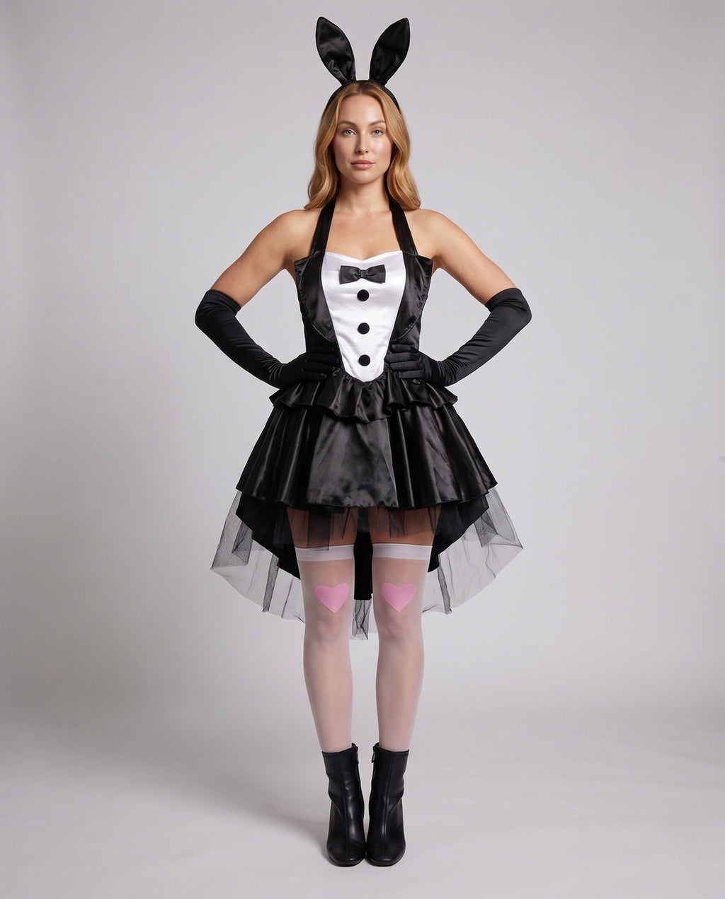 Women's bunny Halloween costume with tuxedo-front satin halter dress, ruffled skirt, tulle overlay and bunny-ear headband