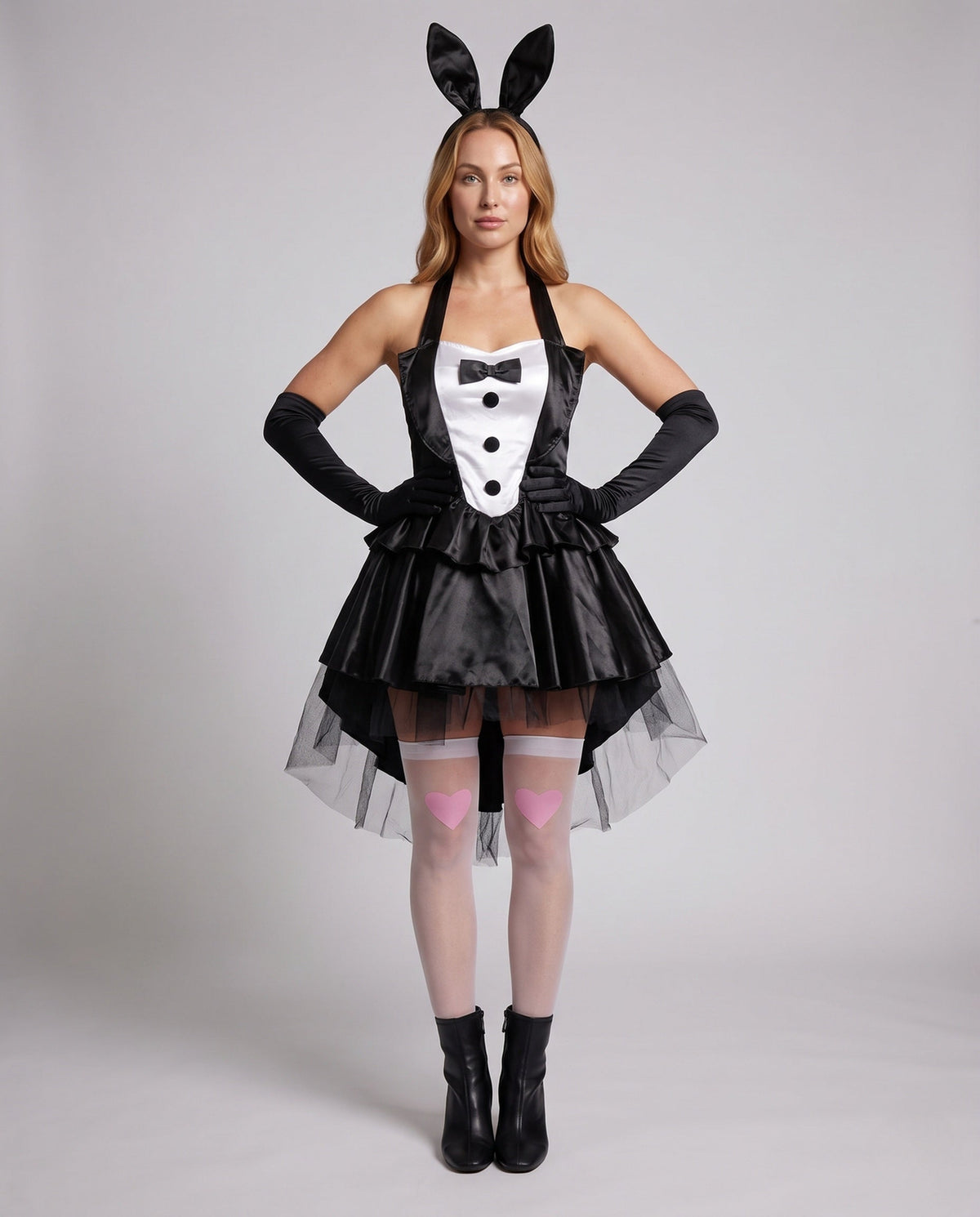 Women's bunny Halloween costume with tuxedo-front satin halter dress, ruffled skirt, tulle overlay and bunny-ear headband