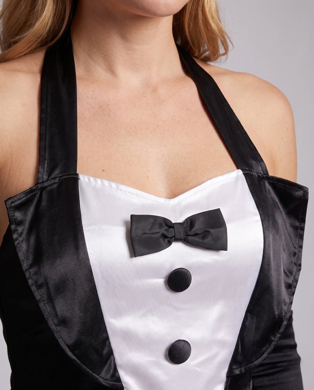 Women's bunny Halloween costume with tuxedo-front satin halter dress, ruffled skirt, tulle overlay and bunny-ear headband - view 2