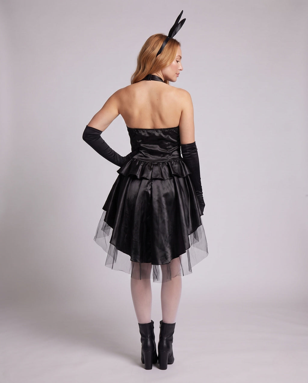 Women's bunny Halloween costume with tuxedo-front satin halter dress, ruffled skirt, tulle overlay and bunny-ear headband - view 3