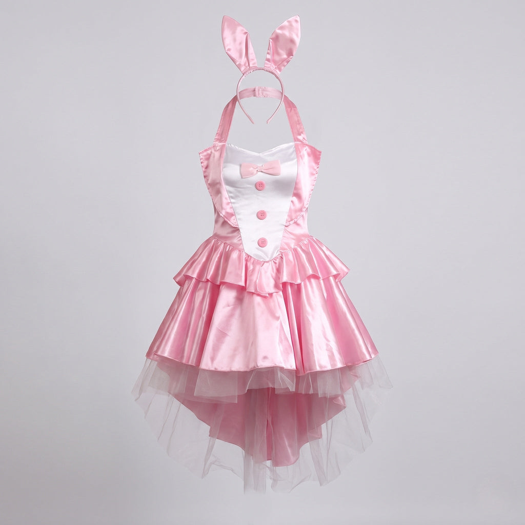 Women's bunny Halloween costume with tuxedo-front satin halter dress, ruffled skirt, tulle overlay and bunny-ear headband - view 4