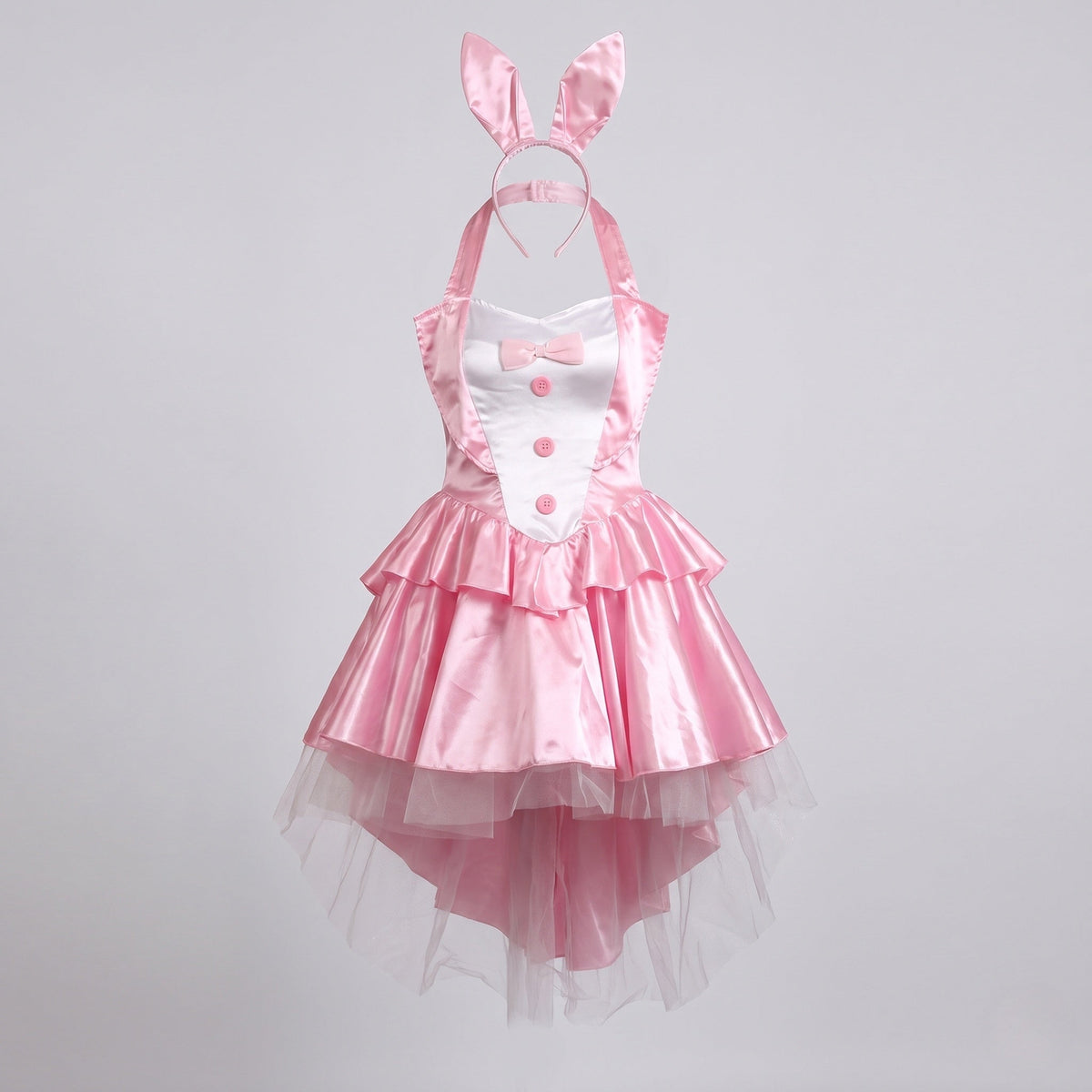Women's bunny Halloween costume with tuxedo-front satin halter dress, ruffled skirt, tulle overlay and bunny-ear headband - view 4