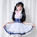 Women's navy and white maid Halloween costume dress with pink bow and lace apron