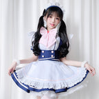Women's navy and white maid Halloween costume dress with pink bow and lace apron