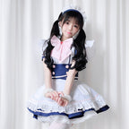 Women's navy and white maid Halloween costume dress with pink bow and lace apron - view 3